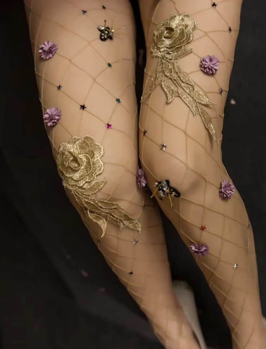 Women’s Nude Floral Embroidered Fishnet Tights – Sheer Mesh Stockings with 3D Flower & Star Details